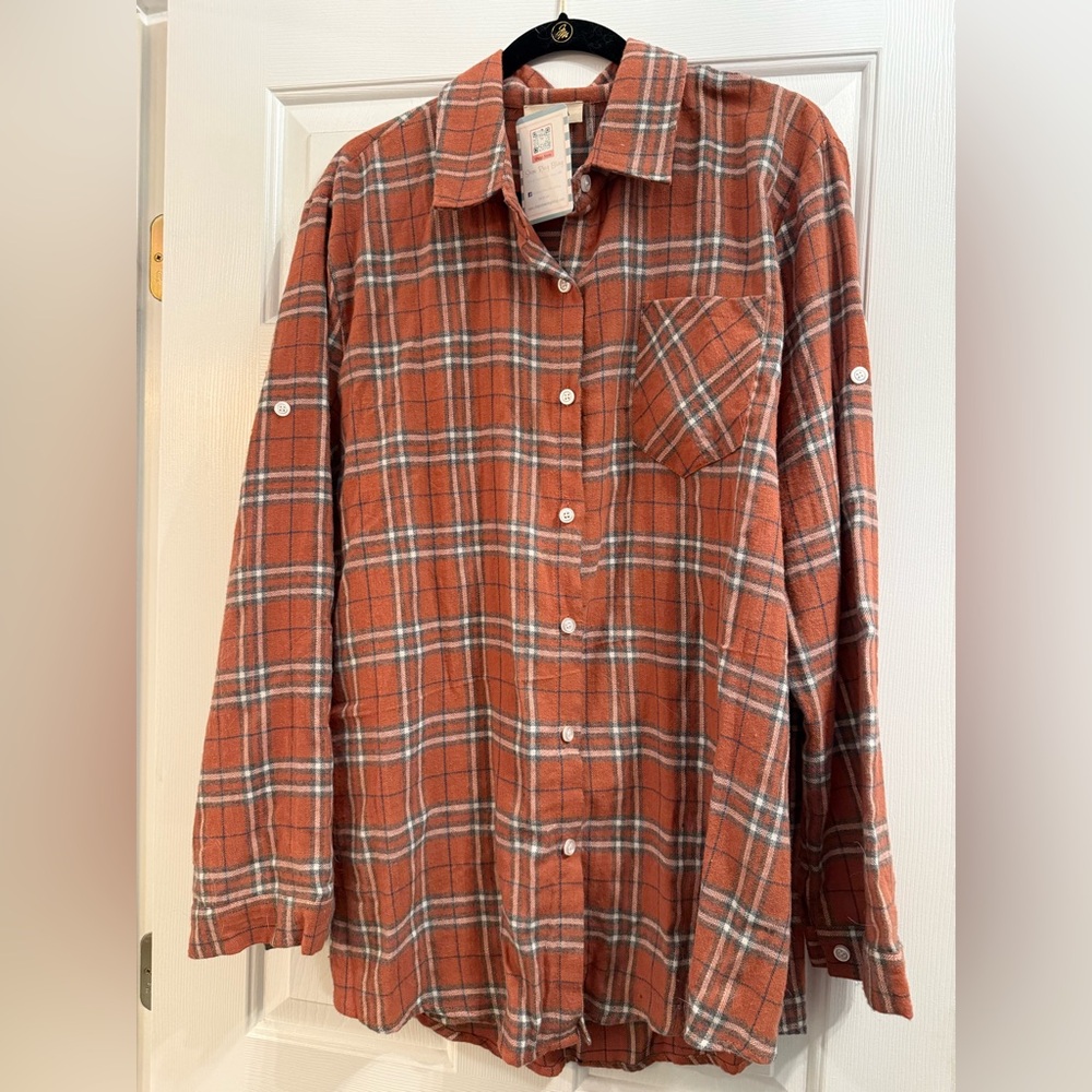 ADORA Women's Plaid Button Down Shirt - Rust and Gray